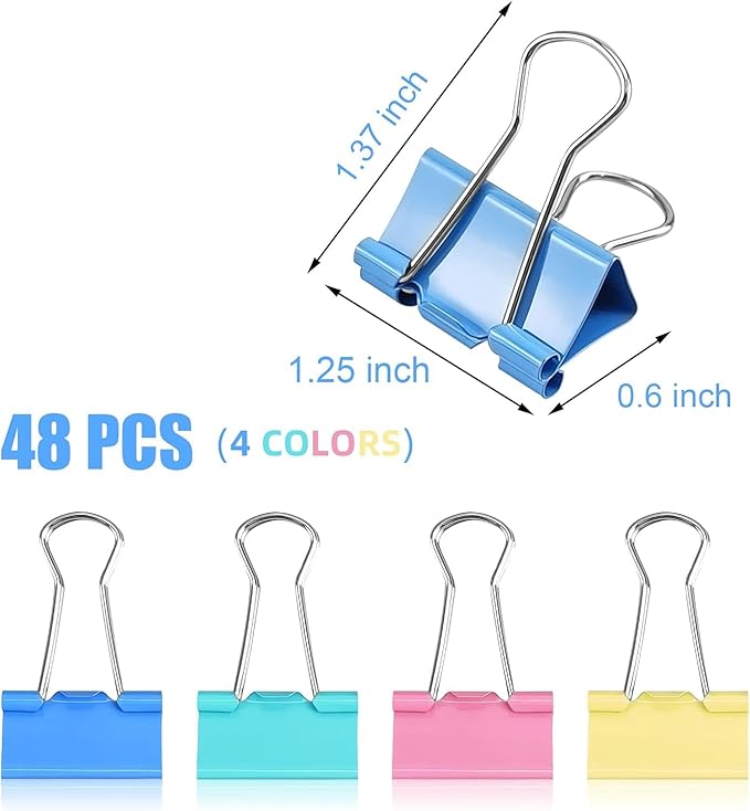 48Pcs Multicolour Binder Clips,1.25inch Colorful Tempered Steel Medium Binder Clips Paper Clamps Clips Office Supplies for Office, Home, School,Tape, Adhesives and Fasteners