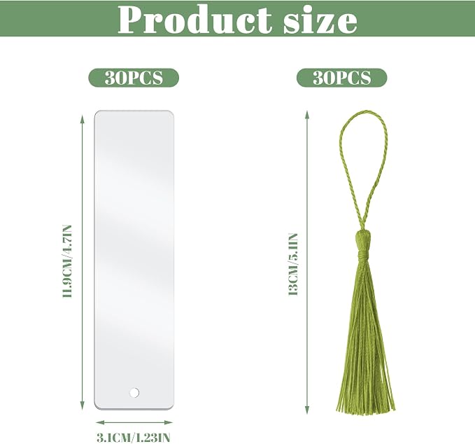 30 PCS Acrylic Bookmark Blanks, Clear Acrylic DIY Blank Bookmarks with 30 Multi-Color Bookmark Tassels for DIY and Graduation Gift Tag Decoration