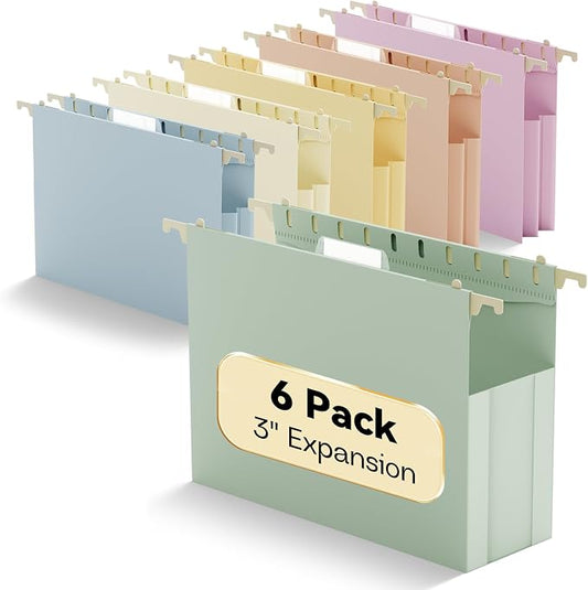Plastic Hanging File Folders Extra Capacity,3" Expanding Pocket Letter Size,Expandable Large Pastel Hanging Folders,Adjustable Tabs,Heavy Duty Filing Cabinet Folder for Bulky Files,6 Pack