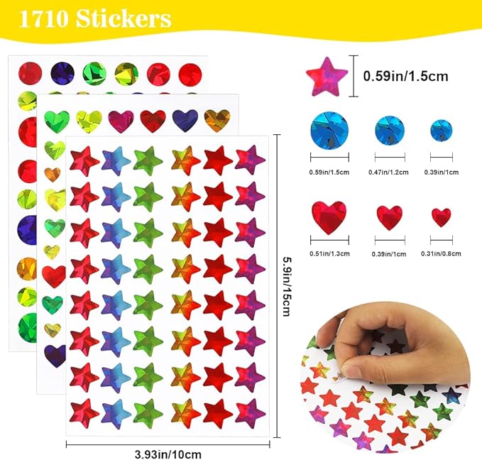 1710 Pcs Star Stickers - Small Stars, Sparkly Holographic Rainbow Round, Glitter Foil Heart Stickers for Kids Reward, Classroom Supplies & DIY Decorations
