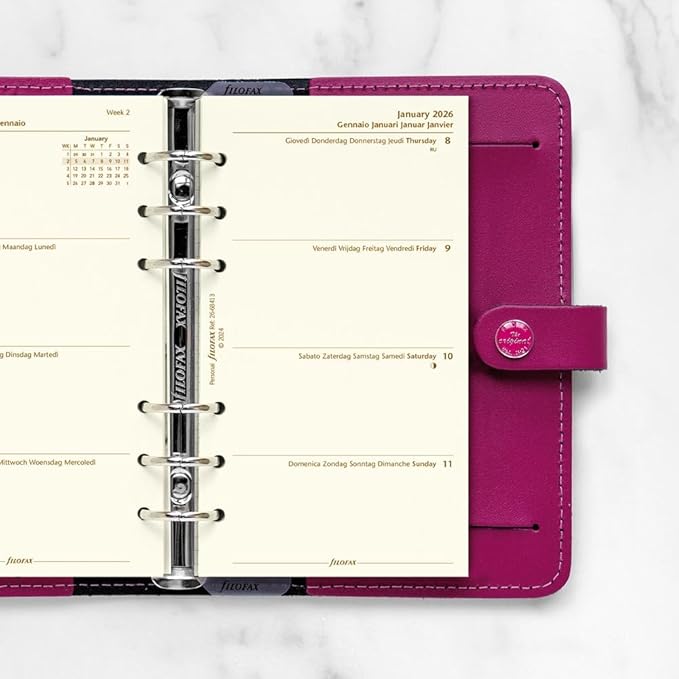 Filofax Calendar Diary Refill, Personal/Compact Size, Week-to-View, Cotton Cream Paper, Unruled, Multilingual: Five Languages, 2026 (C68413-26)