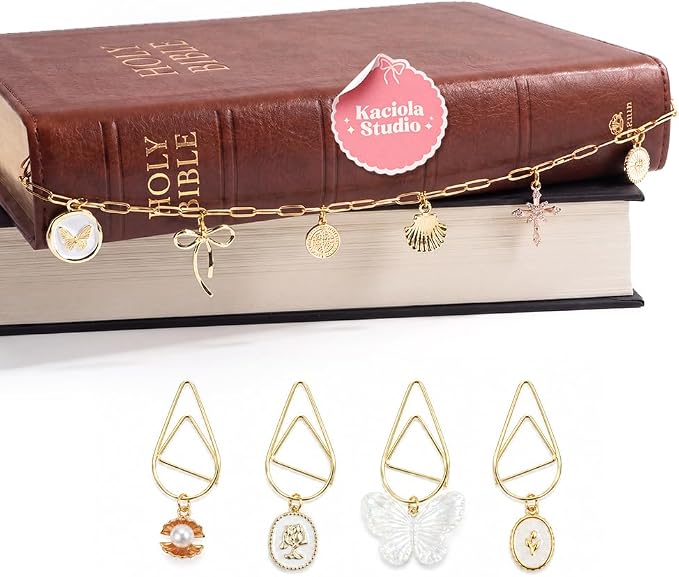 Kaciola Bible Charms Chain with 4PCS Planner Charms for Bible Study, Book Spine Bookmark, Journal Accessory, Unique Faith Jewelry Gift for Women (SJ-04)