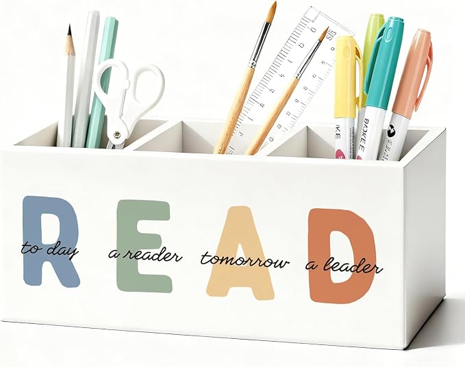 Book Lovers Gifts Pen Holder, Book Reader Gifts Pencil Holder for Desk, Boho Read Today a Reader Tomorrow a Leader Wooden Box Sign Decorations for Reading Room Classroom Desk Tabletop