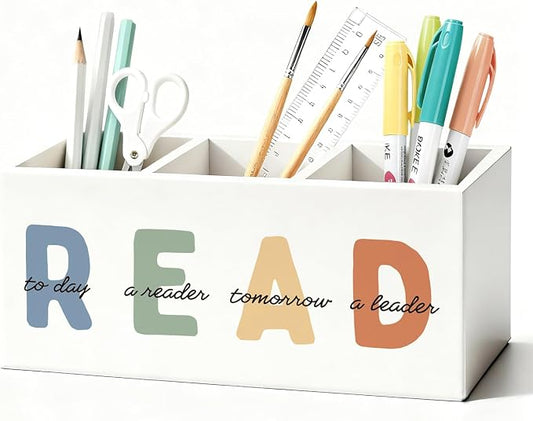 Book Lovers Gifts Pen Holder, Book Reader Gifts Pencil Holder for Desk, Boho Read Today a Reader Tomorrow a Leader Wooden Box Sign Decorations for Reading Room Classroom Desk Tabletop