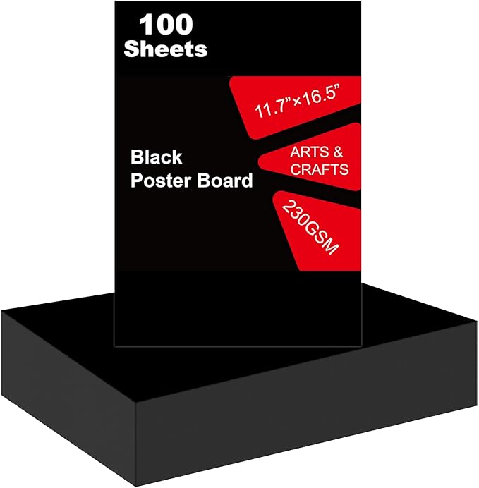 100 Pcs Black Poster Board 11.7 x 16.5 Poster Paper, ROOKEA Vision Boards Posterboard Bulk for School Projects Classroom Arts Craft Presentations Drawing Scrapbooking Blank Graphic Display