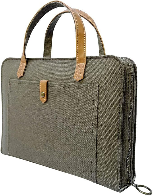 Bible Cover for Women by Bekah Rose | Canvas Case with Leather Handles, Purse Style Bible Bag with Zippered Closure and Snap Pocket (Olive Green, Medium Bibles)
