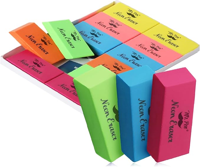 Mr. Pen- Pencil Eraser, 12 Pack, Neon Colors, Large Latex Free Block Erasers for School, Office, Art Sketching, Homework, Exams, Clean Smudge-Free Correction