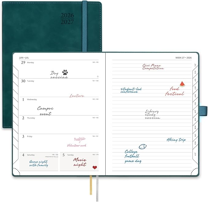 POPRUN Weekly Planner 2026-2027 (Medium 6.5''x 8.5'') Academic Calendar (JUL.26 - JUN.27) Appointment Book with Monthly Tabs, Leather Soft Cover, Inner Pocket, 100 GSM - Petrol Green