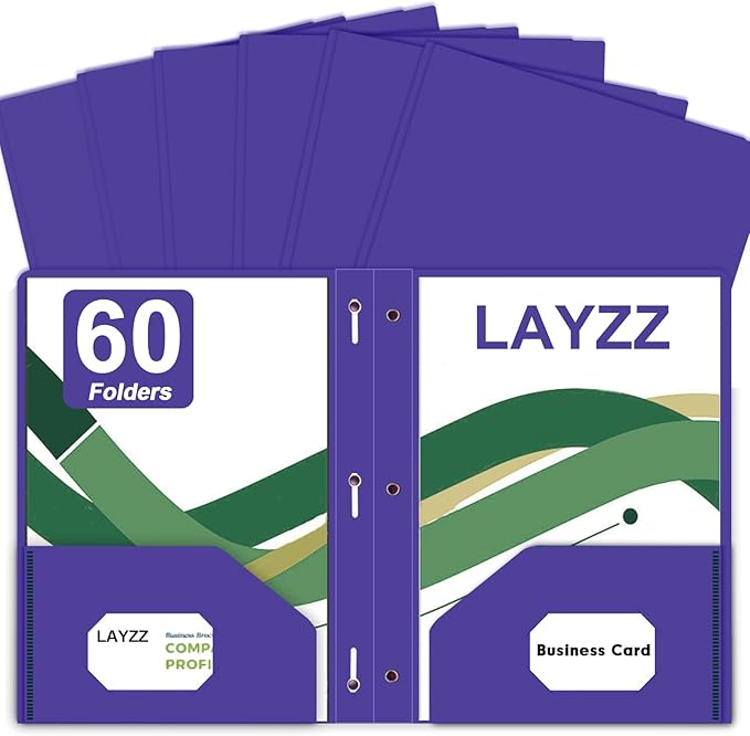 Two Pocket Folders with Prongs, LAYZZ 60 Pack Poly Plastic Folders, Heavy Duty Plastic Folders with Pockets and Prongs, Letter Size, for Offices and Schools (Purple)