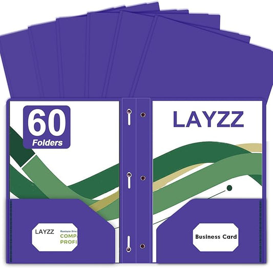 Two Pocket Folders with Prongs, LAYZZ 60 Pack Poly Plastic Folders, Heavy Duty Plastic Folders with Pockets and Prongs, Letter Size, for Offices and Schools (Purple)