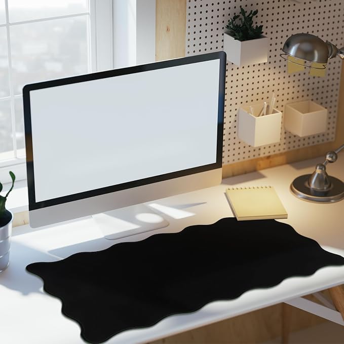 Hahafelt Scalloped Desk Mat Large Desk Pad Cute Coquette Table Mat Back to School Preppy Table Make up Pad Nonslip Graduation Gift with Stitching Waterproof Gaming(Black,31.5 x 15.8 Inches)