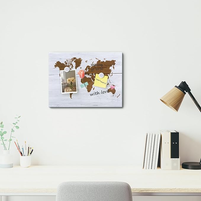 Dry Erase Board，Decorative Print Magnetic Surface White Board for Wall with Design, 16 x 12 inches Frameless Dry Erase Board for Wall, World Map, Magnets Included（W-MAP,4030,1p）