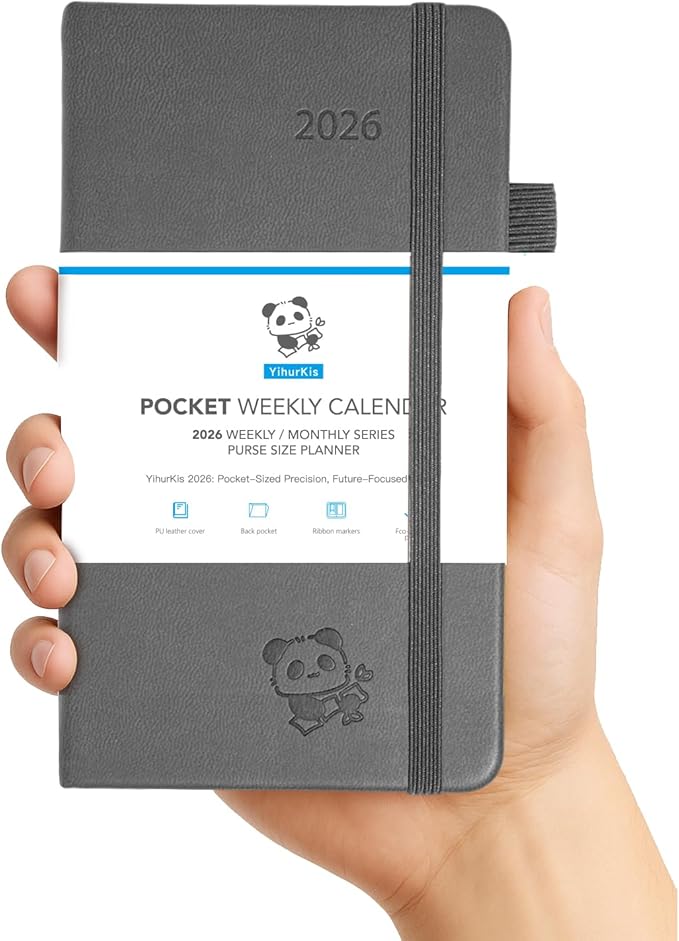 2026 Pocket Calendar by YihurKis - Weekly and Monthly Planner, 3.5'' x 6'', 2026 Purse Planner with Pen Holder, Leather Hard Cover, Inner Pocket For Men & Women - Grey Black