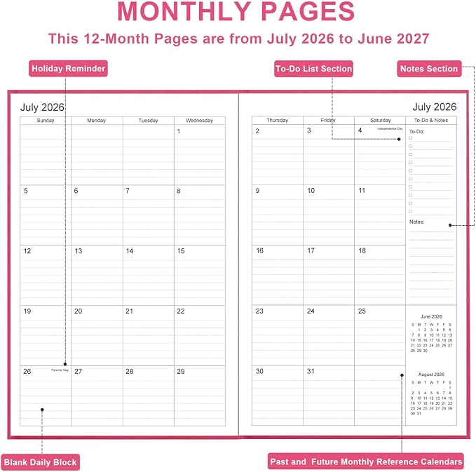2026-2027 Planner - Weekly & Monthly Planner from July 2026 to June 2027, 5.8'' × 8.3'' Agenda 2026-2027 with Inner Pocket, Elastic Band, Hard Cover, Perfect Daily Organizer, Pink