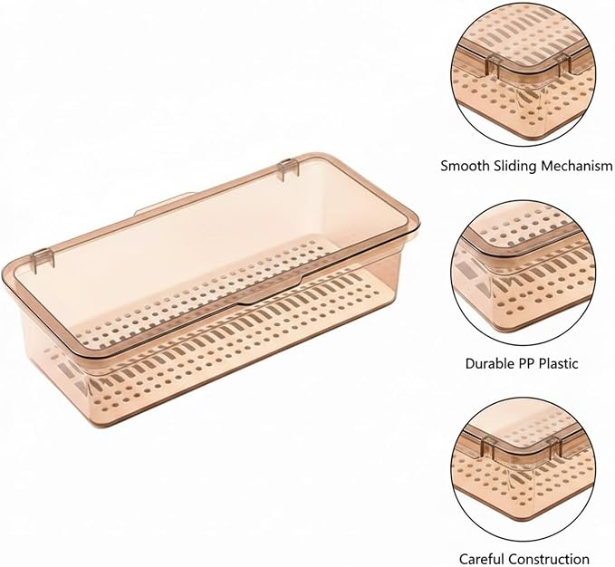 Desktop Storage Box with Sliding Lid, Clear PP Plastic Organizer for Office Supplies, Vanity Essentials, and Kitchen Countertops, Brown, 10.6 x 4.5 x 2.8 Inches