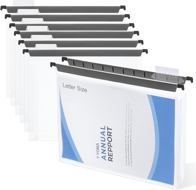 Y YOMA Plastic Extra Capacity Hanging File Folder, Letter Size, 2” Expansion, 12 Pack Clear Reinforced Expanding Hanging Folders with Tabs, Heavy Duty Waterproof Accordion for Bulky Files