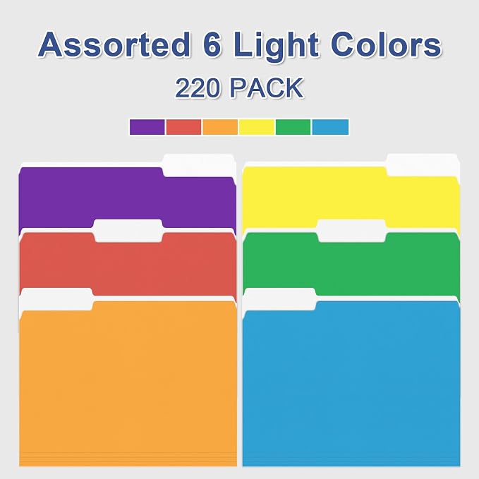File Folder, PANDRI 220 Pack Colored File Folder, 1/3 Cut Tabs, Letter Size, Assorted 6 Colors Filing Folder for Office School Business