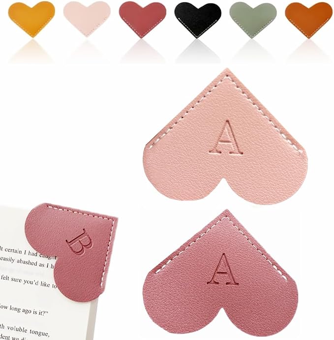 Personalized Leather Heart Bookmark, 26 Letters Customized Corner Book Mark for Reading Women, Book Marker with Initials，Cute Gifts (Light Pink+Deep Pink, A)