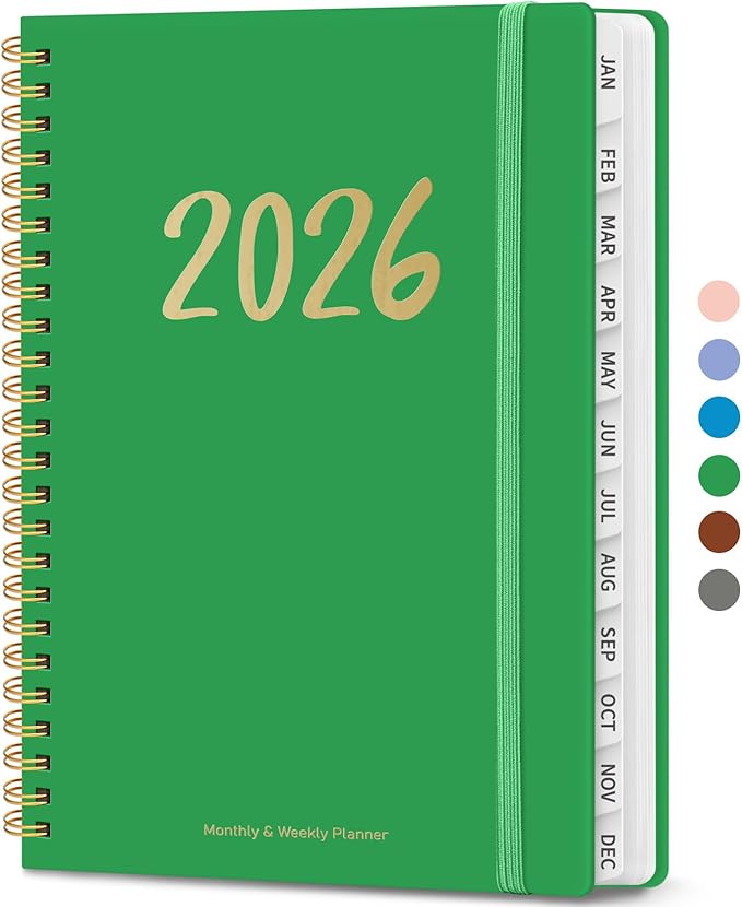 2026 Planner, Weekly and Monthly Planner for Women, January 2026 - December 2026, Hardcover 2026 Calendar Planner Book with Tabs, Inner Pocket, Spiral Bound, Perfect for Office Home School Supplies - A5 (6.3" x 8.5"), Racing Green