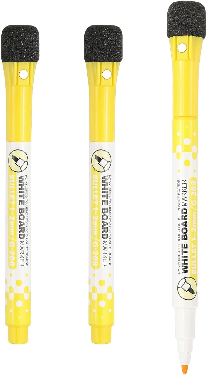 PATIKIL Magnetic Whiteboard Pen, Fine Tip Dry Erase Yellow White Board Markers with Eraser Whiteboard Calendar Supplies for Classroom Office, 3 Pcs, 1-2mm Tip