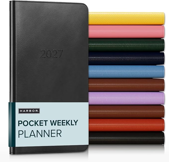 Harbor Pocket Weekly Monthly Planner 2027, Calendar Planner and Notebook, Durable Faux Leather, 192 Pages, Softcover & Book Bound - Cambridge Black - 6x3.25"