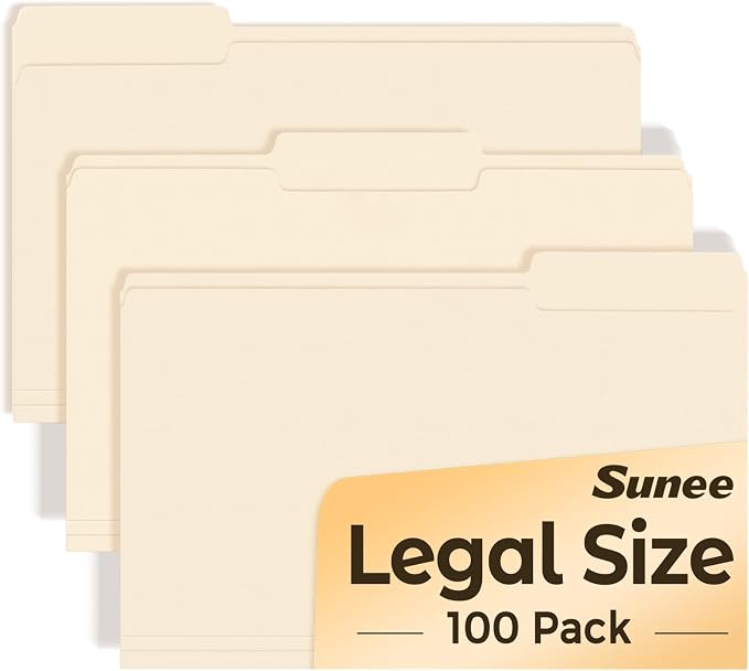 SUNEE Manilla Folders Legal Size (14 x 8.5 inches),100 Per Box, Durable Paper File Folders with 1/3 Cut Tab for Office, Legal Documents, Filing, and Organizing