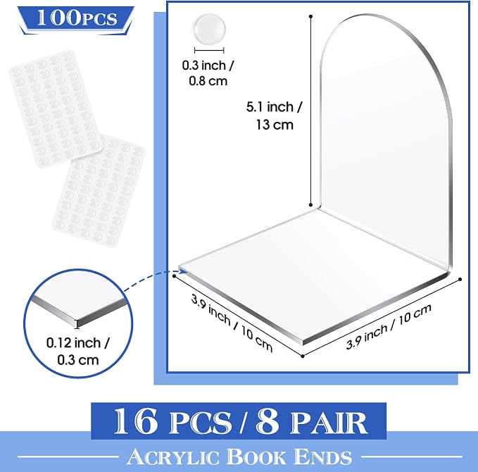 Leinuosen 16 Pcs Acrylic Clear Book Ends with Silicone Pad Non Skid Book Holders Arch Shape Heavy Duty Bookends Stoppers for Movies, CDs, Video Games (Clear)