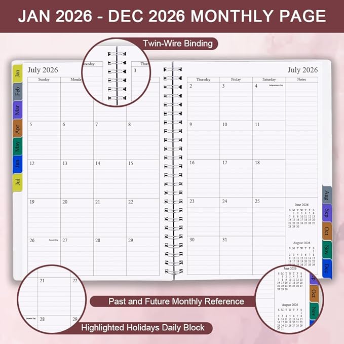 2026 Weekly & Monthly Planner - 2026 Planner Spiral Bound from January 2026 to December 2026, Easy to Organize Your Daily Life, Medium 6.5" x 8.5", Pink