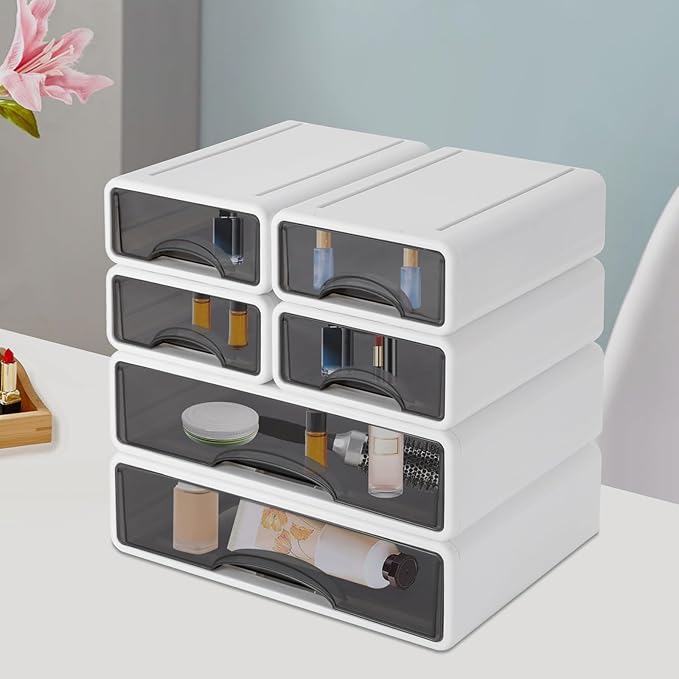 6 Pcs Desk Organizer Office Storage Box with 6 Drawers Plastic Drawers Organizer Stackable Storage Drawers for Office Supplies, Pencils, Markers, Tape, Erasers, Paperclips, White