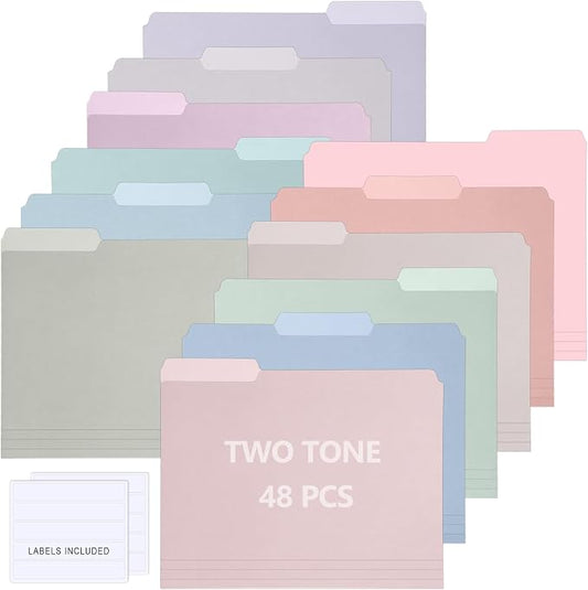 gisgfim 48 Pcs Two Tone Colored File Folders 1/3 Cut Tab Letter Size Manila File Folder with Tabs Decorative Assorted Position File Folders for Office School Business Home Organizer (Pastel)