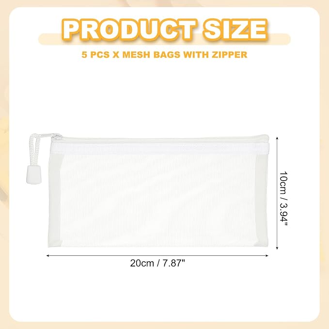 PATIKIL A6 Mesh Zipper Pouch Bags, 5 PCS Mesh Bags with Zipper Plastic Storage Pocket for Organizing File Beads Office Home Supplies, 10x20cm, White