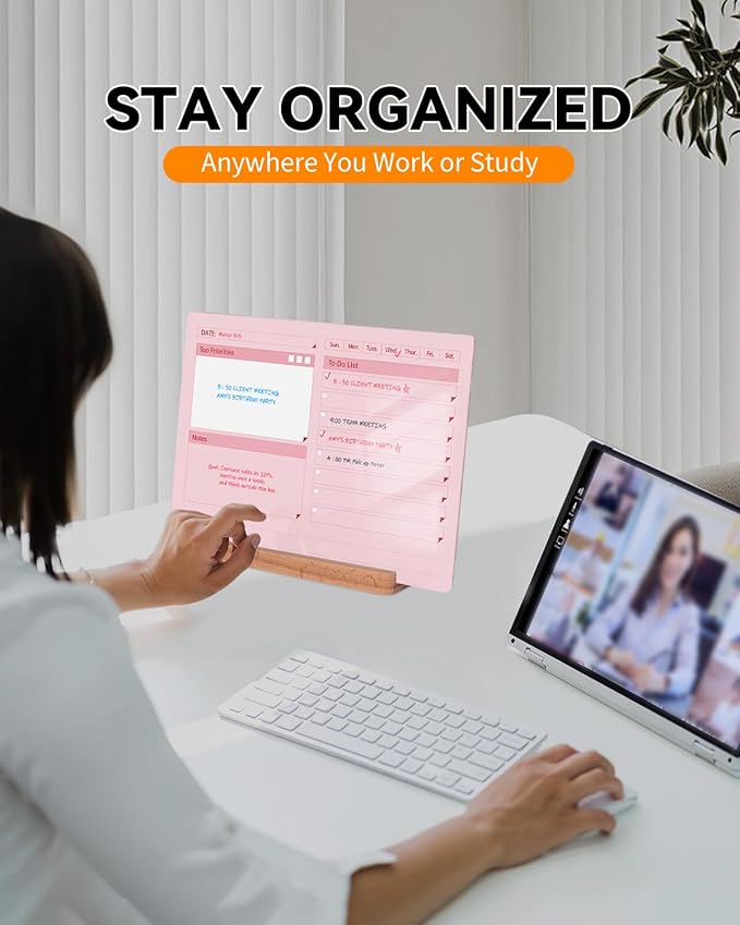 Acrylic Dry Erase to-Do List Board with Solid Wood Base, 9x13 Desktop Whiteboard Planner, Task Organizer for Office/Home/School, Includes 3 Dry Erase Markers (Pink)
