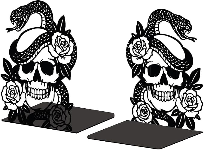 Peacoblue Metal Bookends for Shelves, Modern Decorative Heavy Duty Study Book Support Stoppers for Office, Desk, Shelf, Room 5.3"x4.3"x6.7" Cast Iron Simple Tall Bookends, 1 Pair (Skulls and Snakes)
