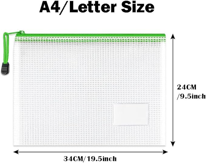 12 Pack Letter/A4 Size Mesh Zipper Pouch Bags with Label Pocket, Zip-lock Tuff Bag for Documents Classroom Travel Organizing, Puzzle Board Game Storage – 13.4×9.5 Inch