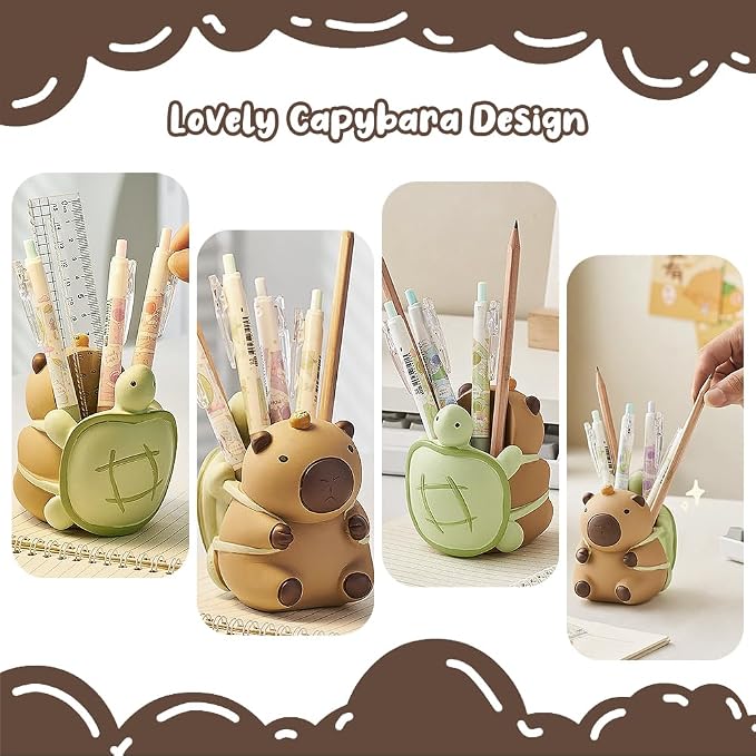 Geluode Capybara with Turtle Resin Pencil Holder, Animal Design Desk Organizer Stationery Pen Holder, Cute and Functional Office Decor, Gift for Capybara Lovers Students
