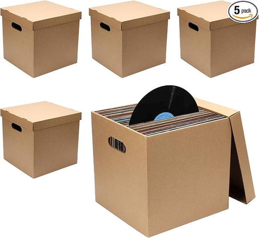 5 Pcs 12'' Cardboard Vinyl Record Storage Box, Moving Box with Double Thickness Handles and Lids Record Album Storage Crate, Cardboard Crate for Album Vinyl Storage