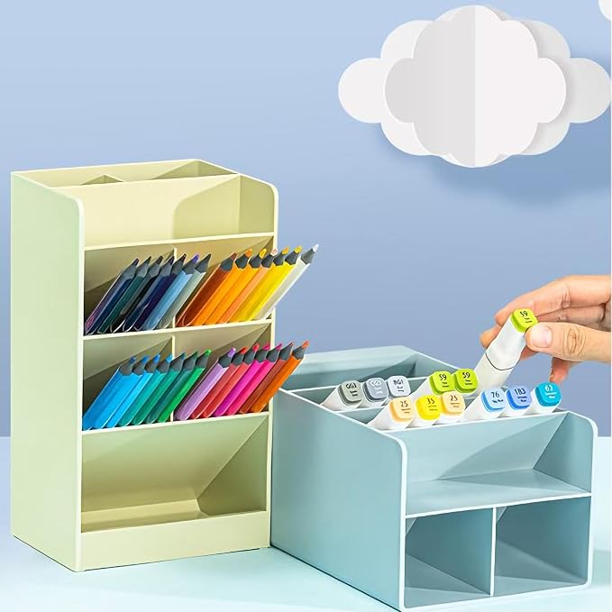 Tissting Desk Organizer, Space-Saving Slanted Design Pen Holder, Pen Holder with 7 Compartments, Pencil and Marker Storage Stand for School Office, Organizer for Office, School Supplies (White)