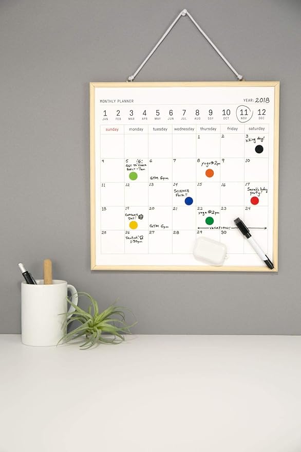 Kikkerland Portable Hanging Schedule White Board Monthly Calendar Planner Dry Erase Memo Organizer, 8.5" x 10.5"