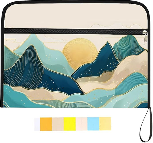 WEBEEDY Boho Mountains Expanding File Folder Bohemia Sunset 13 Pockets Accordion File Organizer with Labels and Zipper Portable Accordion Folder Document Organiser for A4 Paper Photo Receipt Paperwork
