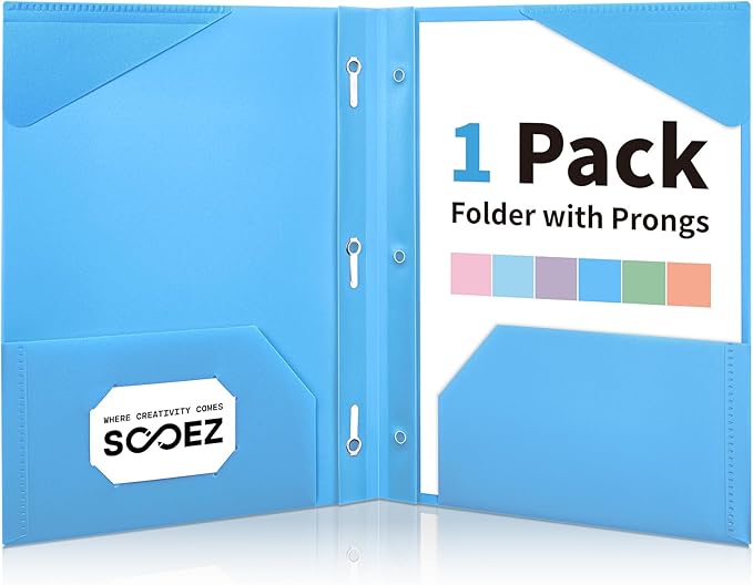 Sooez Plastic Folders with Pockets, 2-Pocket Folders with Prongs Fit Letter Size Paper, 1 Pack Heavy Duty 3 Prong File Folders for Documents, Colored File Folder Back to School Supplies for Kids