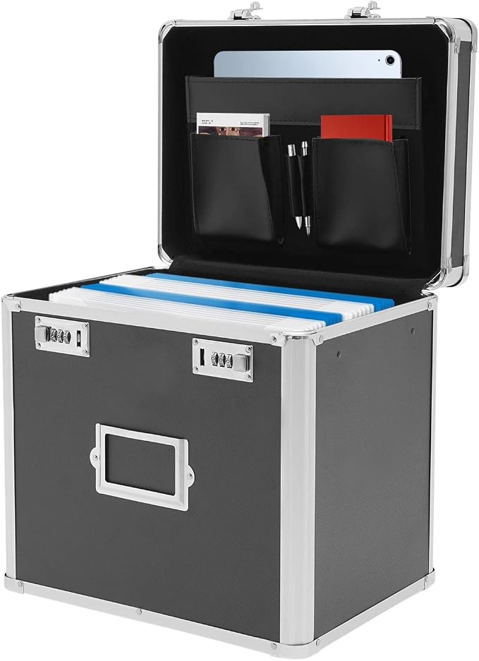 Locking File Organizer Box,Portable File Organizer Storage Chest with Handle Letter Box,13.8 x 10 x 13.4 Inch Metal File Cabinet for Filing Office Documents Letter/Legal File Storage (Black)