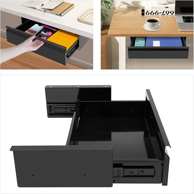 16 Inch Under Desk Mounted Sliding Pull-out Drawer Storage for Sit Stand Workstation Office(Applicable Table Thickness: 0.79in) Black