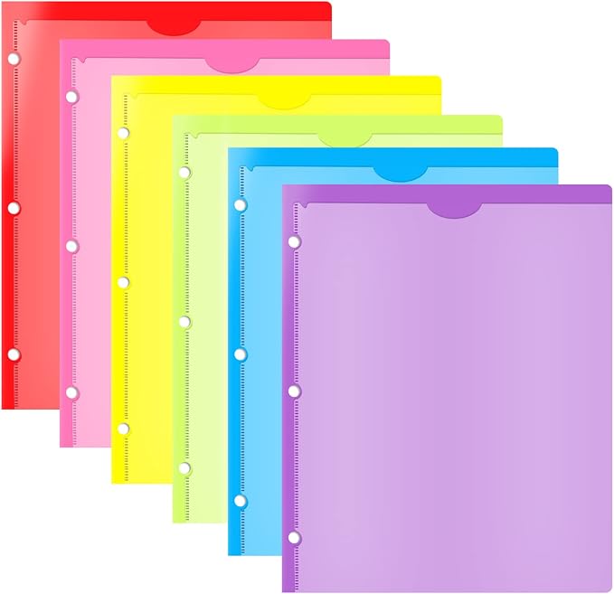 Heavy Duty Plastic Folder with Clear Front Pocket and 3 Holes- 6 Pack, Assorted Colors 3 Hole Punched Folder for 3 Ring Binders,2 Pocket Folders with Card Slot for Letter Size Paper
