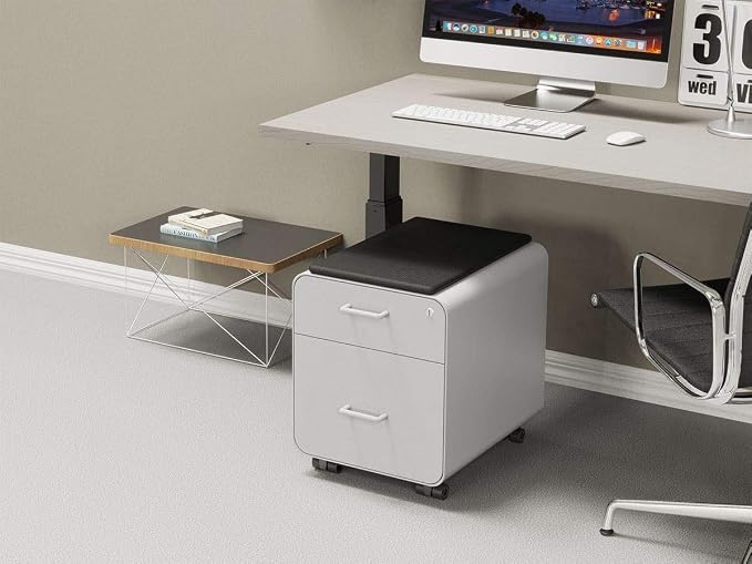Monoprice Round Corner 2-Drawer File Cabinet - White, Lockable with Seat Cushion - Workstream Collection (137881)