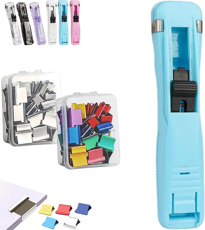 Portable Binder Clip Stapler - Includes 100 Reusable Clips, No Staples, No Holes,Push Clip Paper Clam Dispenser, Reusable Desktop Stapler for Document Home School (1-D)