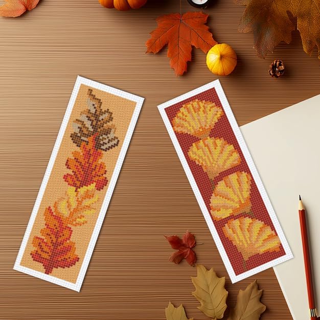 INFUNLY 6PCS Falling Leaf Cross Stitch Bookmark Kit for Adults Autumn Cross Stitch Kits DIY Crossstitch Kits Maple Leaves Stamped Embroidery Bookmark Kit with Instructions for Book Lovers Readers