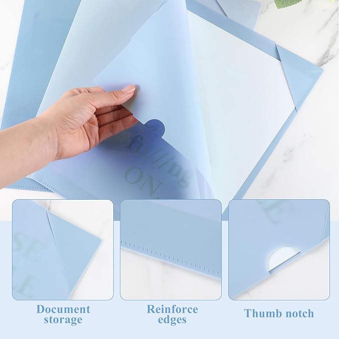 Kisston 15 Pack Blue Clear Plastic Folders Sleeves Project Pockets for Letter Size 12.1x8.8, L-Shaped Transparent File Jacket for School Office Desk Supplies