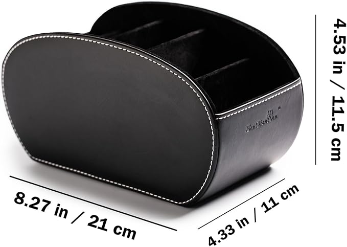 BONNY DODO PU Leather Multi-Functional Office Organizar Box Remote Control Holder Desk Storage Suppliers Caddy Table with 5 Compartment Store TV Remote, Brush, Pencil, Glasses, Media Player (Black)