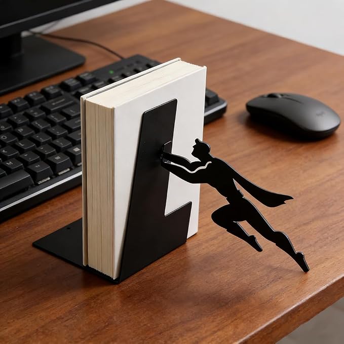 Superhero Decorative Bookends for Shelves, Metal Book Ends for Heavy Books, Non Slip Book Stoppers with Flying Hero Design, Decorative Shelf Book Holders for Home Office Kids Room Library Decor(Black)