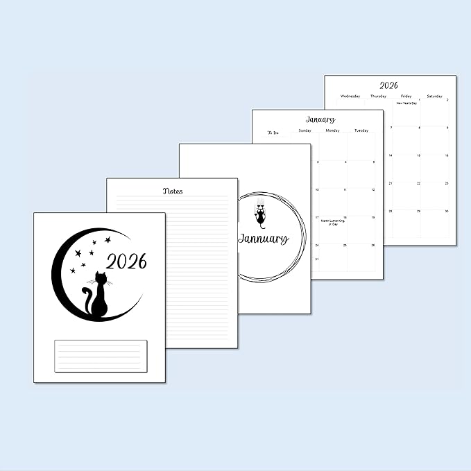 2026 Monthly Planner Calendar Refills for 7,8,9,11 Disc Mini, Classic, Skinny, Junior, Big size Discbound, Happy Planners, Loose-Leaf Inserts, 12 Month (8 Disc Junior, Cat)